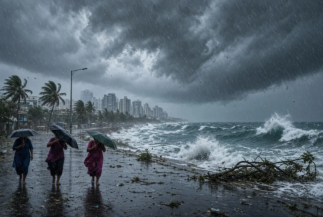 Women with umbrellas walking on a flooded coastal road during Cyclone Arnab as powerful waves crash under dark stormy skies along the Andhra Pradesh coastline in India