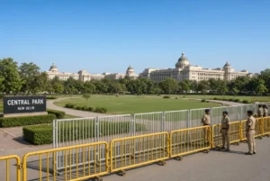 Central Park New Delhi closed with yellow barricades and police during Delhi park closure before Cockroach Janta Party rally