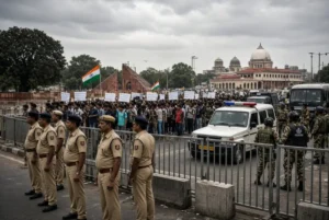 Police and security forces confront large crowd during Delhi Poll Protests near government buildings in New Delhi