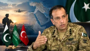 DG ISPR Pakistan Army official speaking with desk flags of Pakistan, Saudi Arabia, and Turkey, featuring a strategic map background.
