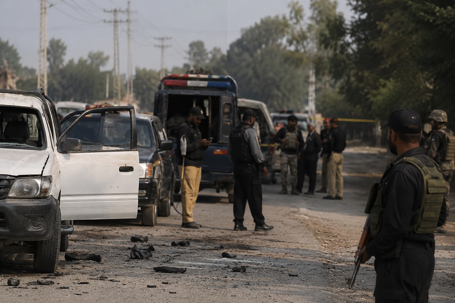 Security personnel investigate a roadside attack scene in DI Khan, with police vehicles and officers conducting operations following the killing of FBR officials and a police constable.