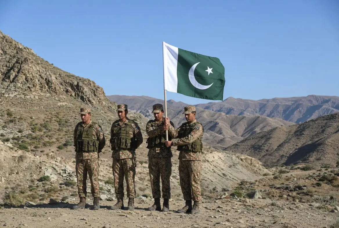 Pakistani Army soldiers holding the national flag in the mountainous terrain of Zarkani during DI Khan Operation