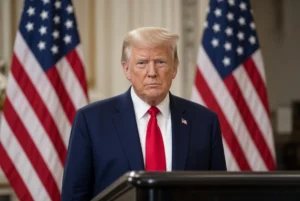 Former US President Donald Trump standing at a podium in a navy blue suit and red tie, framed by two American flags in the background