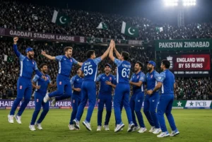 England cricket team celebrating their 55-run victory after England beat Sri Lanka in the ODI tri-series match at Gaddafi Stadium Lahore