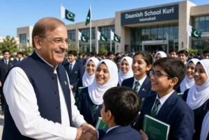 Prime Minister Shehbaz Sharif interacting with smiling students at Daanish School Kuri Islamabad promoting equal education opportunities for underprivileged children