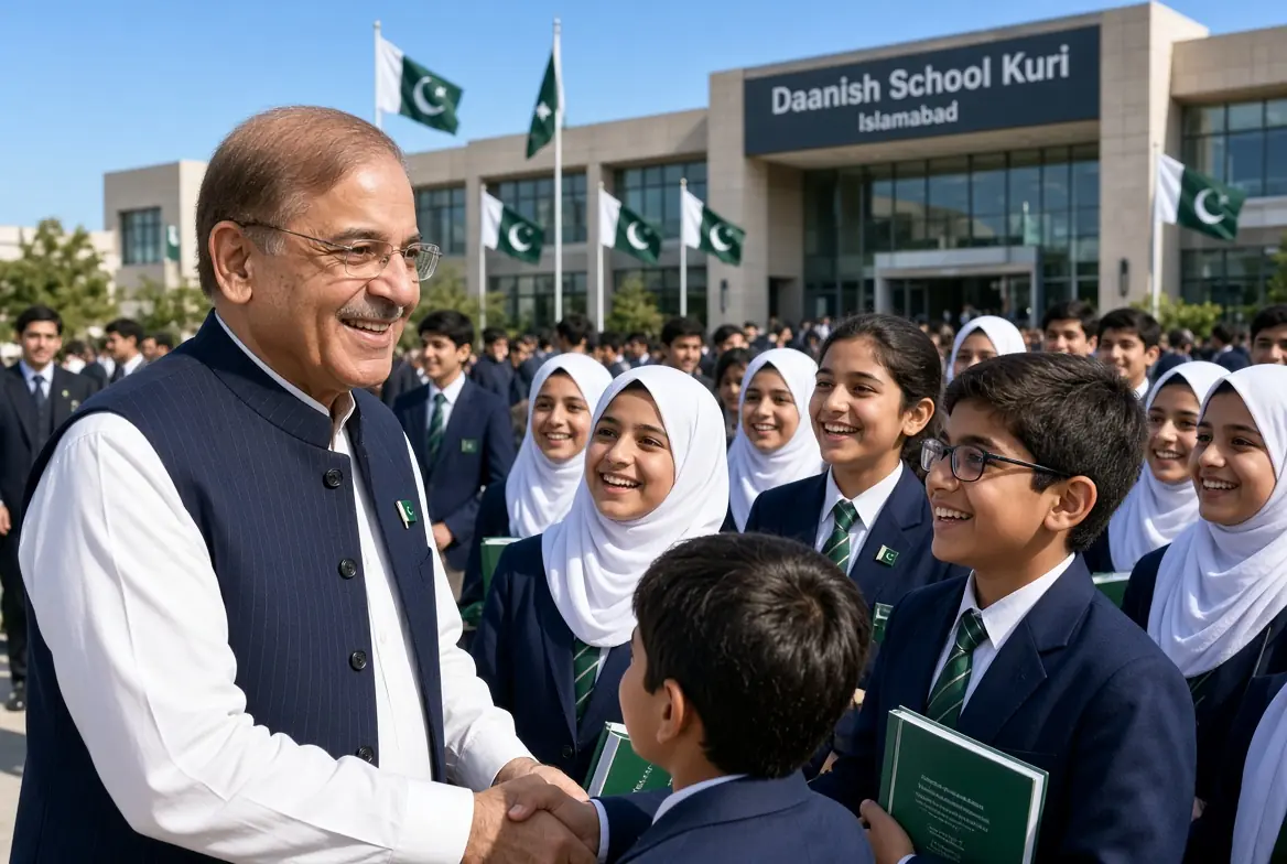Prime Minister Shehbaz Sharif interacting with smiling students at Daanish School Kuri Islamabad promoting equal education opportunities for underprivileged children