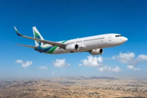 High quality commercial passenger airplane flying over desert landscape related to flydubai co-pilot incident investigation
