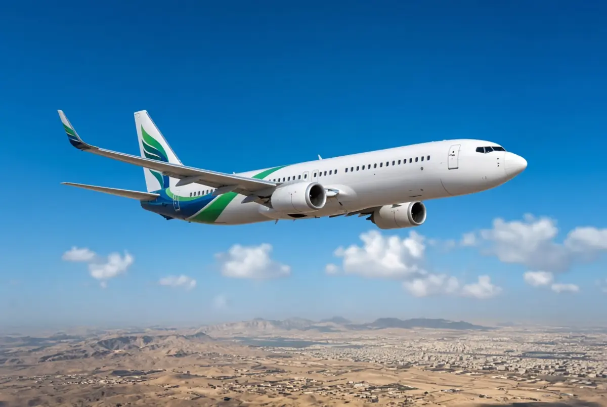 High quality commercial passenger airplane flying over desert landscape related to flydubai co-pilot incident investigation
