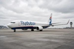 Flydubai Boeing 737 aircraft parked on airport tarmac after emergency diversion linked to flydubai co-pilot incident