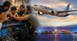 A split image showing a struggle inside an airplane cockpit, a Flydubai passenger plane flying in the sky, and emergency response vehicles lined up at an airport runway