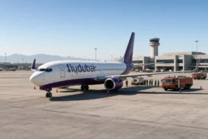 flydubai aircraft parked on the tarmac after emergency landing linked to flydubai pilots cockpit incident