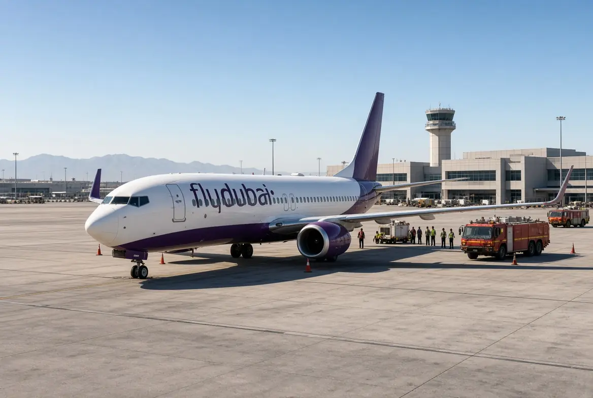 flydubai aircraft parked on the tarmac after emergency landing linked to flydubai pilots cockpit incident