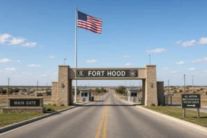 Main gate of Fort Hood military base in Texas under clear sky related to Fort Hood execution news