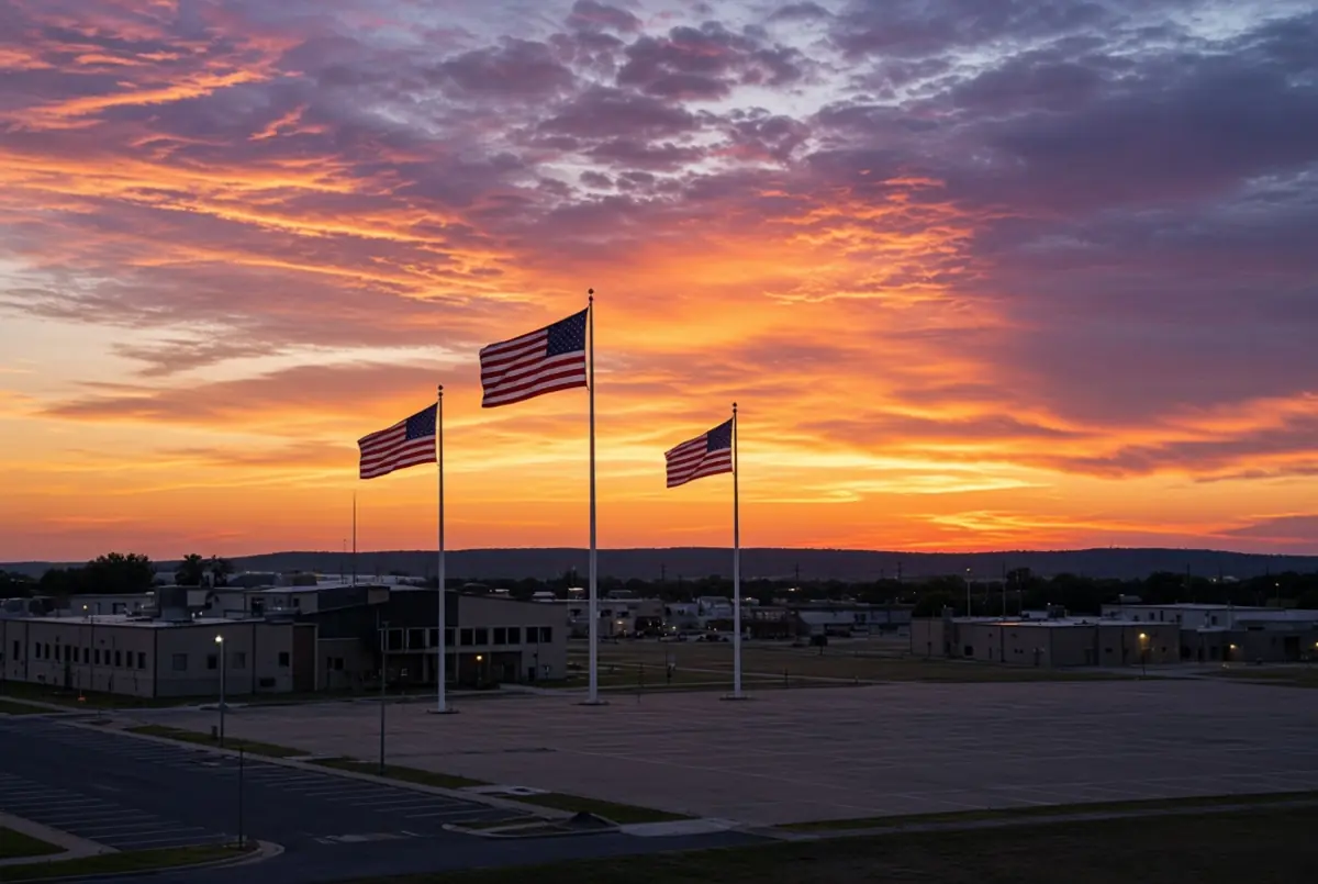 American flags flying over Fort Hood military base at dramatic sunset related to Fort Hood execution plans