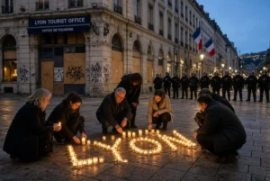 People lighting candles spelling LYON in front of the tourist office during France Curfews in Lyon with police standing nearby