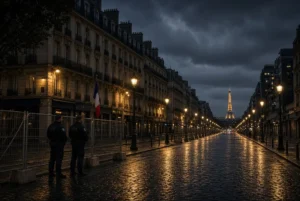 Quiet rainy Paris street under France curfews with police officers near barriers, streetlights and illuminated Eiffel Tower at night