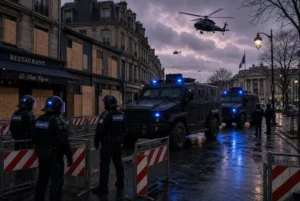 French gendarmes and armored vehicles on a blocked Paris street with boarded-up shops ahead of France protests