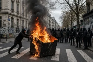 Protester pushes burning rubbish bin during France school protests as riot police stand nearby on city street