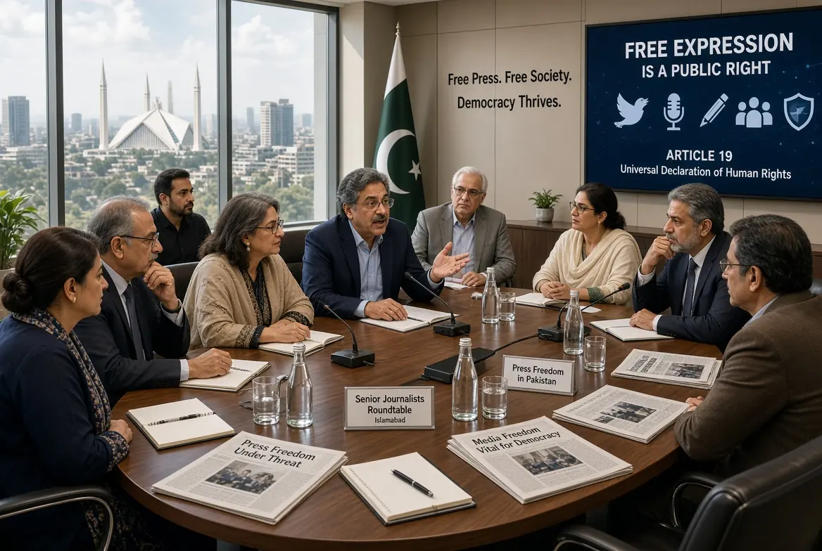 Senior journalists and civil society members discussing freedom of expression at a roundtable meeting in Islamabad Pakistan with Pakistani flag and press freedom banners