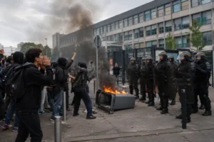 Students protest outside a French high school as riot police stand guard during French School Protests over education conditions and teacher shortages.