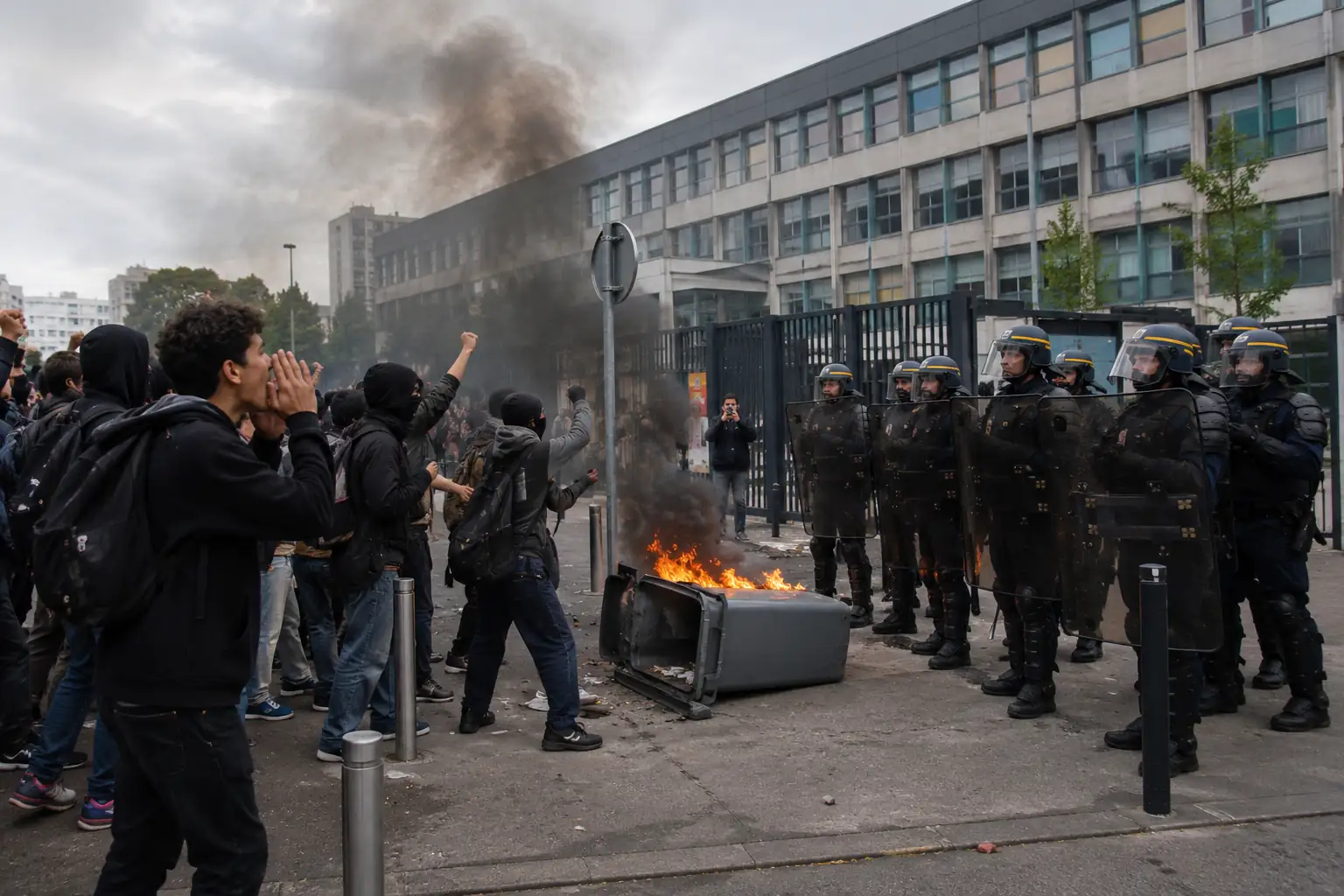 Students protest outside a French high school as riot police stand guard during French School Protests over education conditions and teacher shortages.