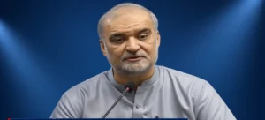 Hafiz Naeemur Rehman speaking at press conference on fuel levy protest