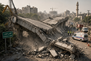 Collapsed bridge in Gulshan-e-Iqbal area with rescue teams and emergency vehicles