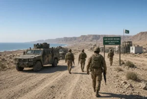 Pakistani security forces securing Gwadar after Gwadar militants killed in anti-terror operation near Gabd Border Crossing