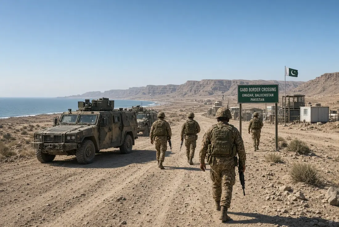 Pakistani security forces securing Gwadar after Gwadar militants killed in anti-terror operation near Gabd Border Crossing
