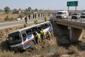 Rescue 1122 teams helping passengers after Hafizabad bus crash into drain near flyover
