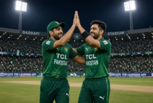 Haris Rauf and Shadab Khan celebrating Pakistan’s victory over England at Gaddafi Stadium after Haris Rauf fined for ICC Code of Conduct breach
