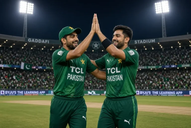 Haris Rauf and Shadab Khan celebrating Pakistan’s victory over England at Gaddafi Stadium after Haris Rauf fined for ICC Code of Conduct breach