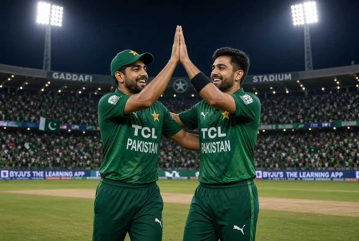 Haris Rauf and Shadab Khan celebrating Pakistan’s victory over England at Gaddafi Stadium after Haris Rauf fined for ICC Code of Conduct breach