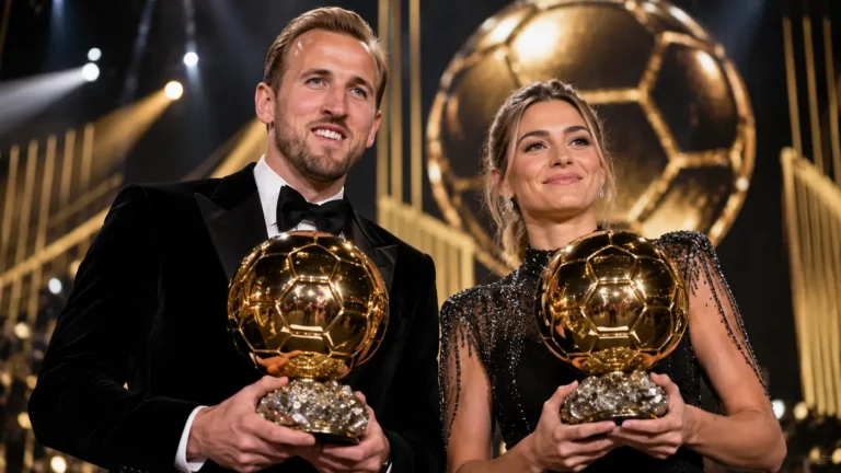 Harry Kane and Alexia Putellas holding golden football trophies at an awards ceremony, representing the Harry Kane Ballon d'Or victory in 2026.