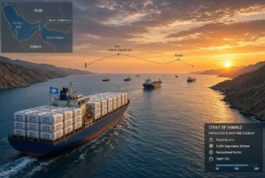 Cargo ships loaded with urea fertiliser bags sailing through the Strait of Hormuz at sunset during the Hormuz fertiliser crisis