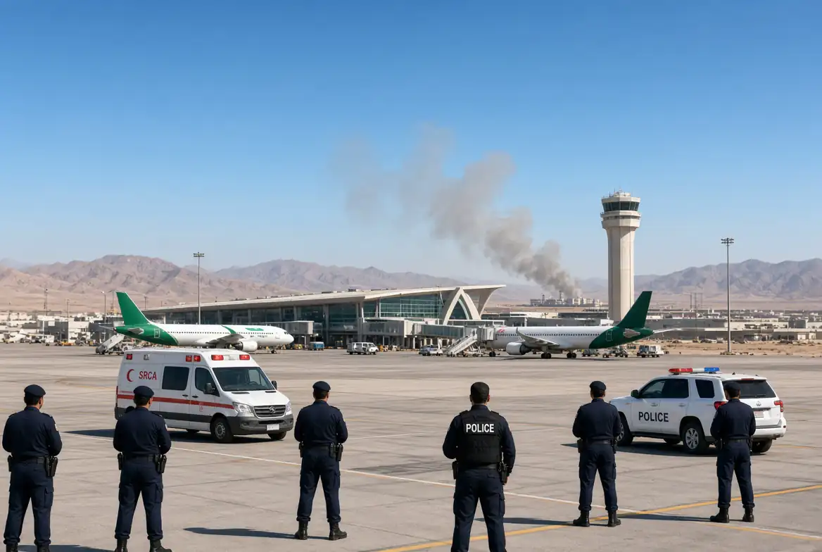 Houthi airport attacks aftermath at Saudi airport with security forces and emergency response vehicles