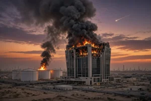 Houthi Aramco Attack shows burning Aramco office building and oil storage tanks with thick black smoke rising over the Dhahran energy complex at dusk