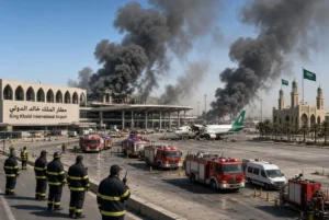 Smoke rising from King Khalid International Airport in Riyadh after Houthi attacks, with fire trucks, emergency responders and a damaged Saudia aircraft on the tarmac