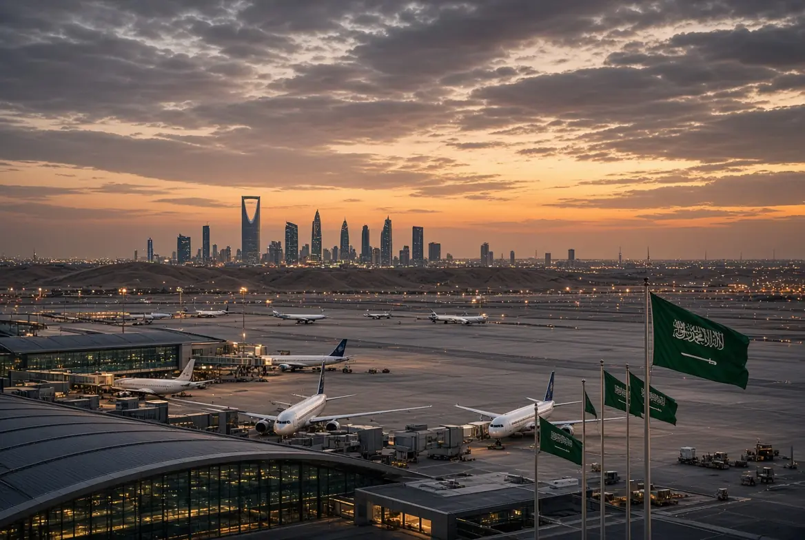 High-quality landscape view of King Khalid International Airport in Riyadh with Saudi flags, aircraft on the tarmac and city skyline at dusk related to Houthis Threaten US regional developments