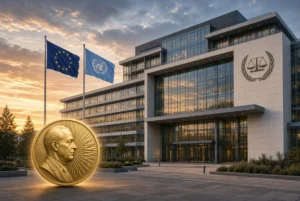 Blue ICC logo sign with scales of justice outside the International Criminal Court building after winning the ICC Sakharov Prize
