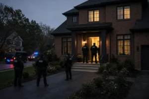 HSI agents standing at the entrance of a brick home during the Ilhan Omar raid in Washington DC area predawn search