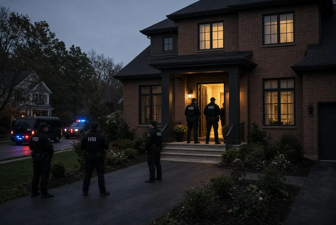 HSI agents standing at the entrance of a brick home during the Ilhan Omar raid in Washington DC area predawn search
