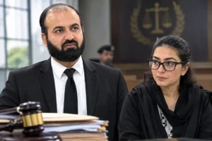 Imaan Mazari and Hadi Chattha in a courtroom during the ATC case proceedings