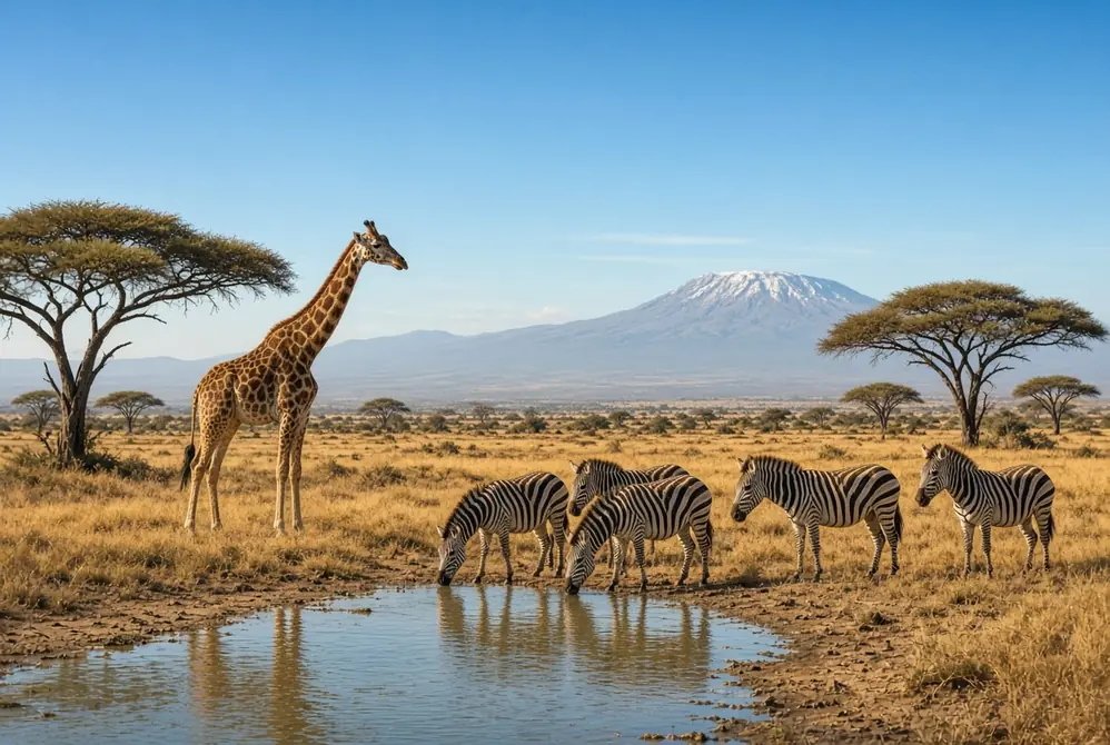 Giraffe and zebras at waterhole in African savanna highlighting wildlife populations decline reported by WWF Living Planet Report