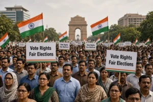 Large peaceful crowd holding Vote Rights Fair Elections placards during India election protests near India Gate in New Delhi