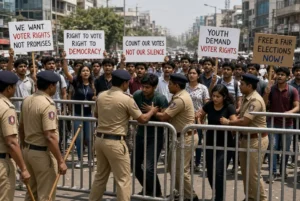 Indian police in khaki uniforms restrain young student protesters behind metal barricades during a demonstration over voter list changes, with crowds holding signs demanding voter rights and free elections in the India protest force crackdown
