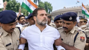 Rahul Gandhi surrounded by police during an India protest near Parliament in New Delhi
