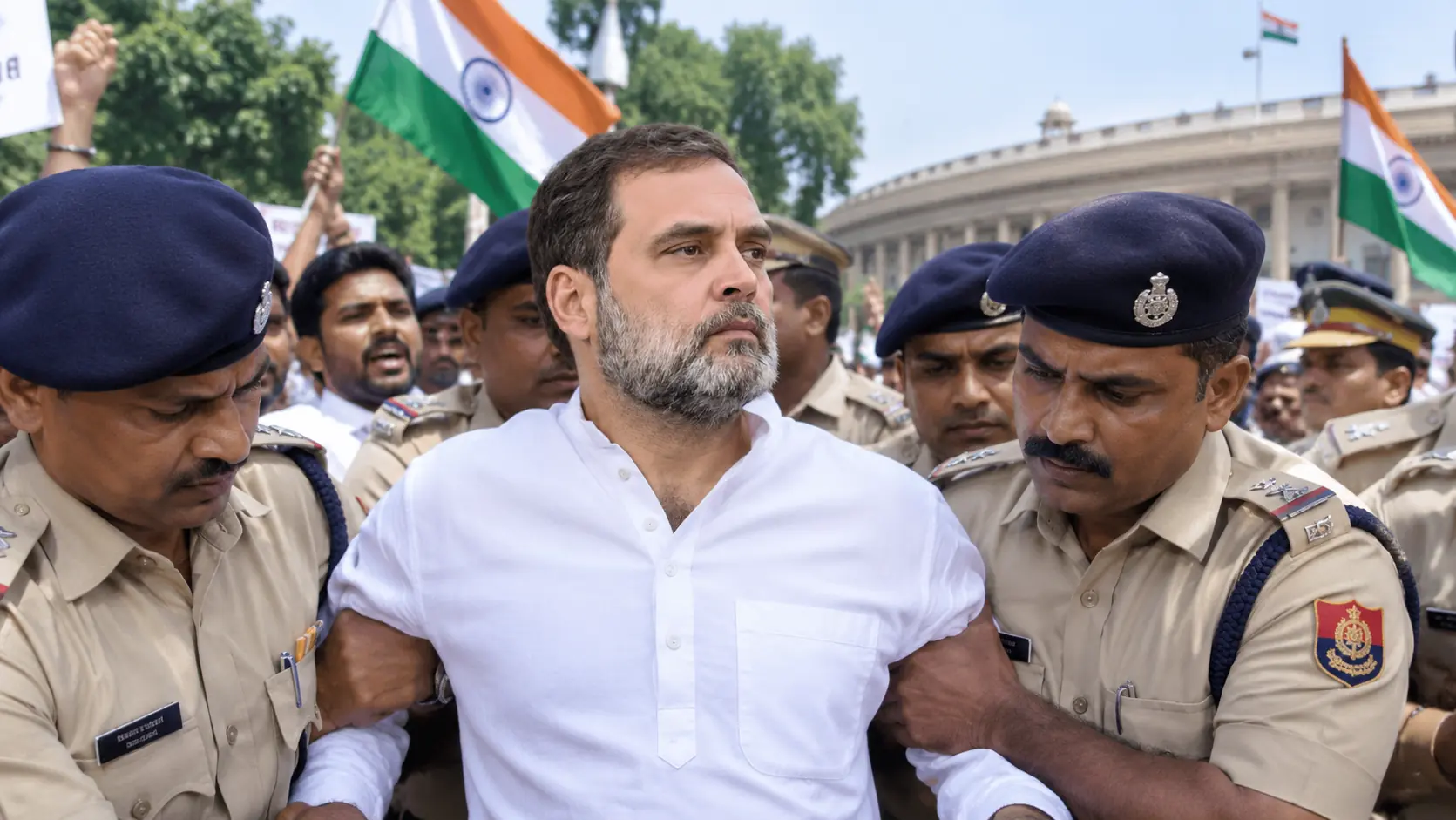 Rahul Gandhi surrounded by police during an India protest near Parliament in New Delhi