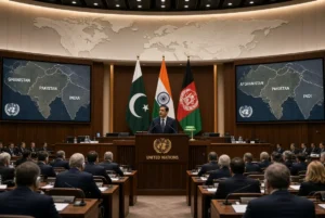 Pakistani diplomat speaking at United Nations podium about India sponsoring terrorism with maps of Afghanistan Pakistan India and national flags visible in the assembly hall