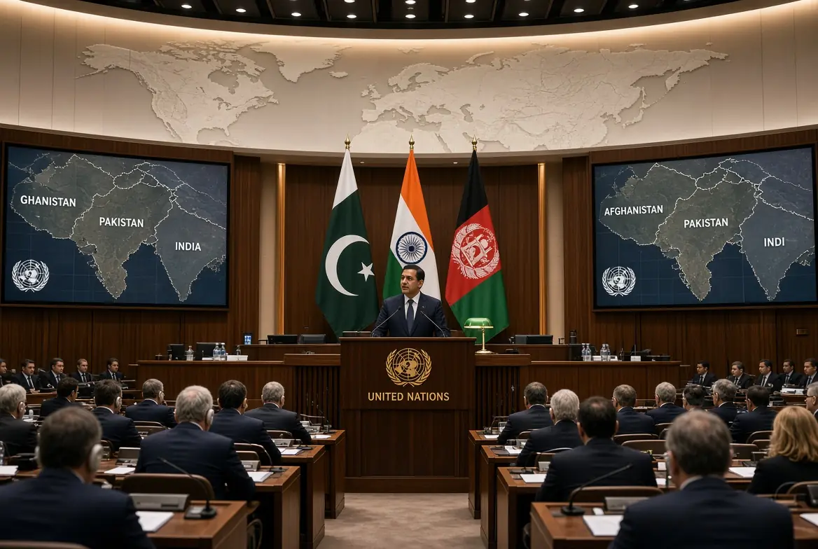 Pakistani diplomat speaking at United Nations podium about India sponsoring terrorism with maps of Afghanistan Pakistan India and national flags visible in the assembly hall